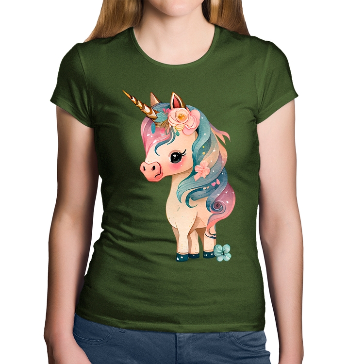 Baby Look Algodão Unicórnio e Flores - Musgo