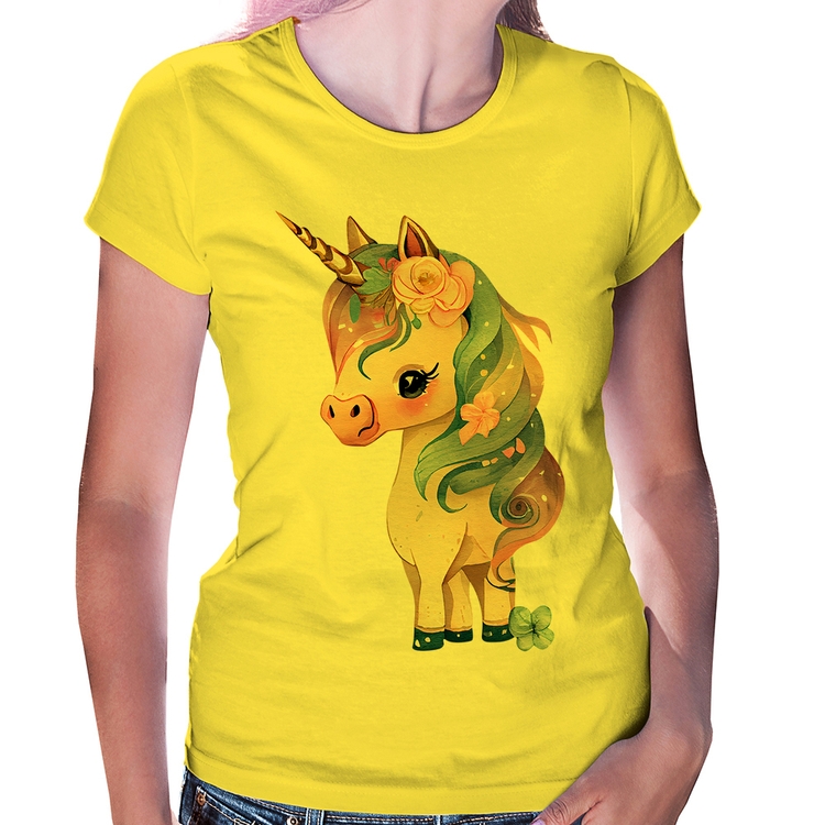 Baby Look Unicórnio e Flores - Amarela