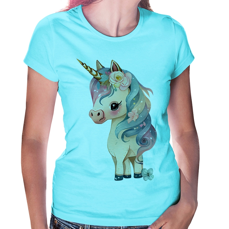 Baby Look Unicórnio e Flores - Azul Claro