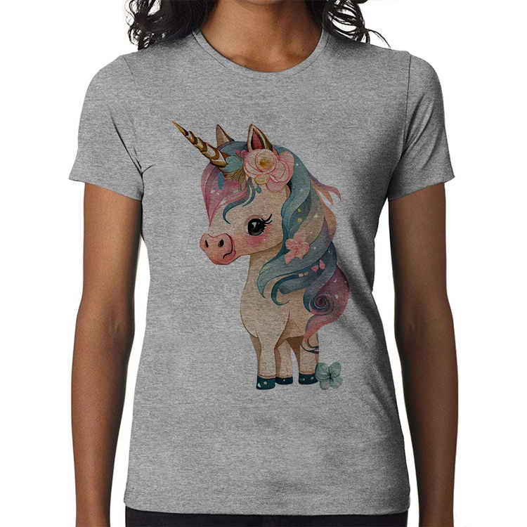 Baby Look Unicórnio e Flores - Cinza