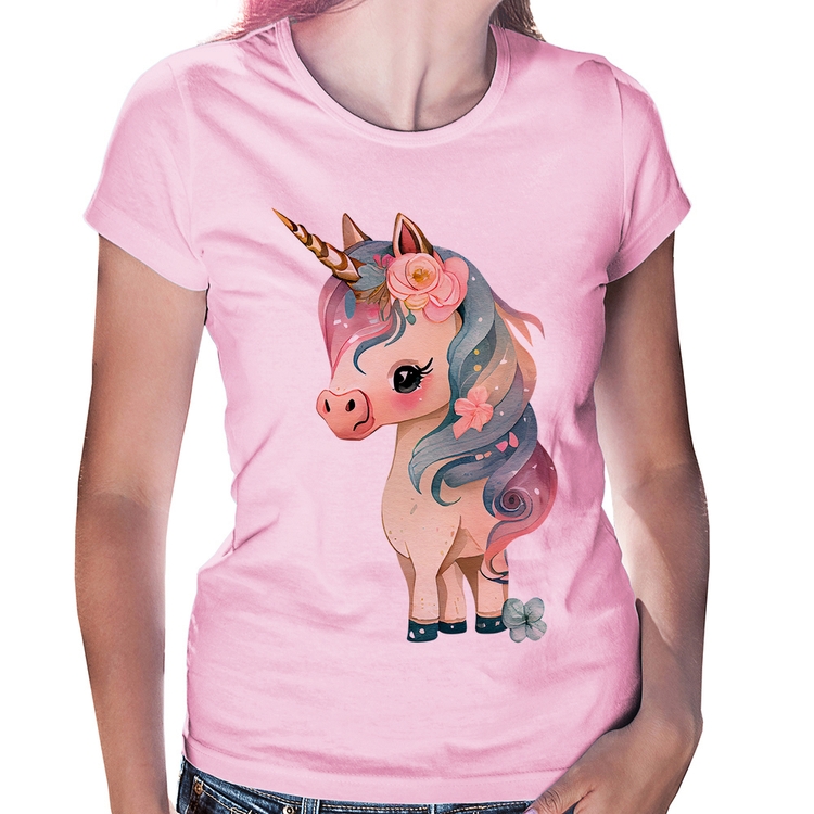 Baby Look Unicórnio e Flores - Rosa Bebê