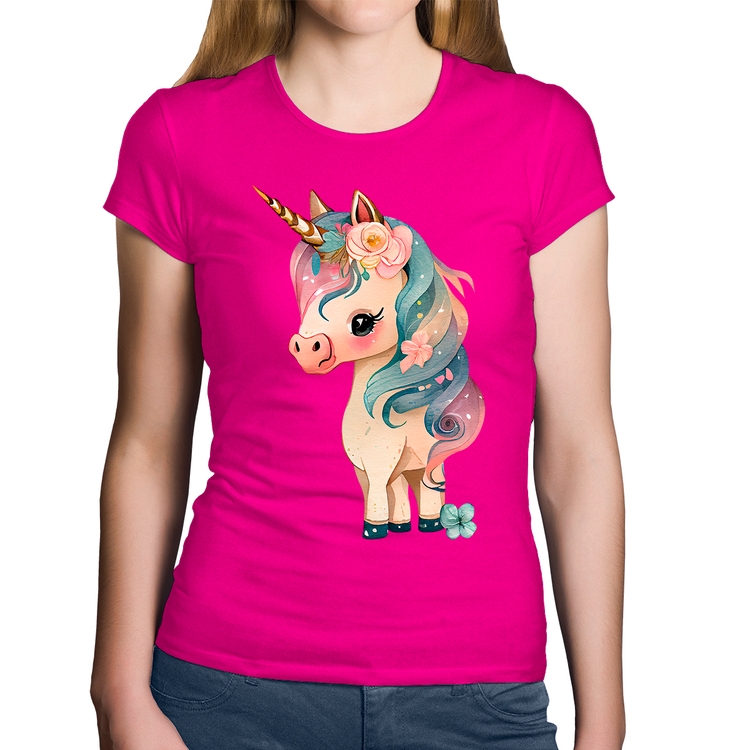 Baby Look Algodão Unicórnio e Flores - Rosa