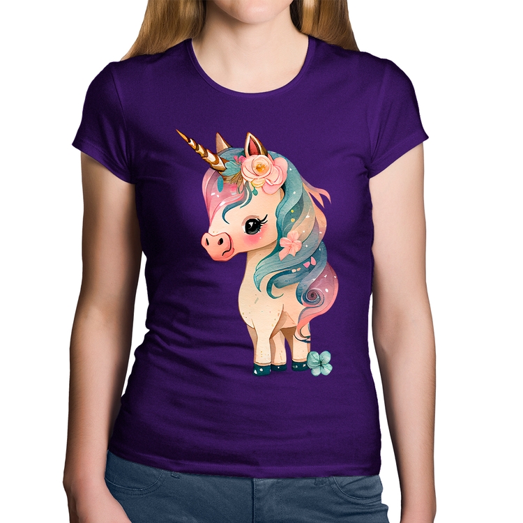 Baby Look Algodão Unicórnio e Flores - Roxa