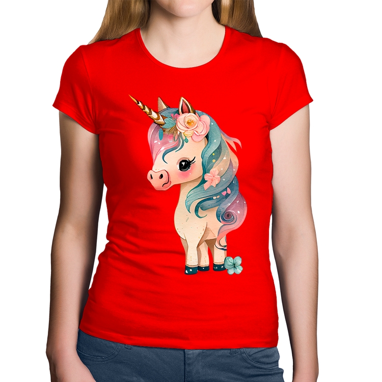 Baby Look Algodão Unicórnio e Flores - Vermelha