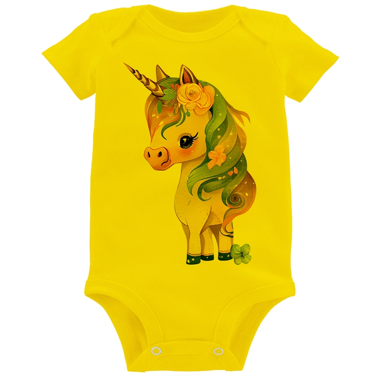 Body Bebê Unicórnio e Flores - Amarelo