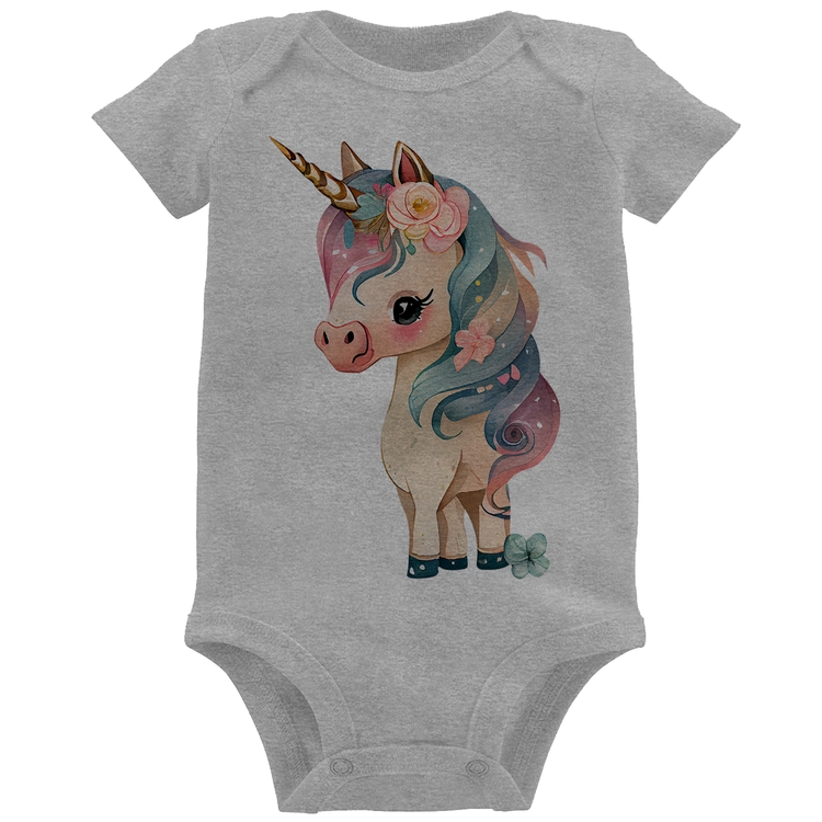 Body Bebê Unicórnio e Flores - Cinza