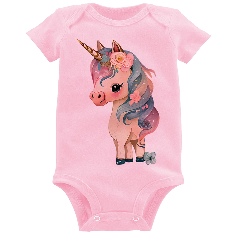 Body Bebê Unicórnio e Flores - Rosa Bebê