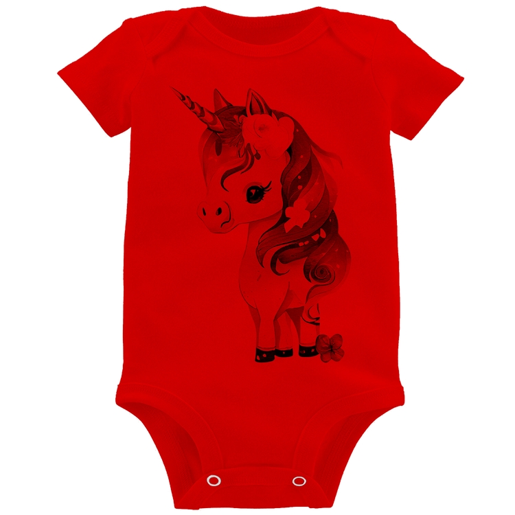 Body Bebê Unicórnio e Flores - Vermelho