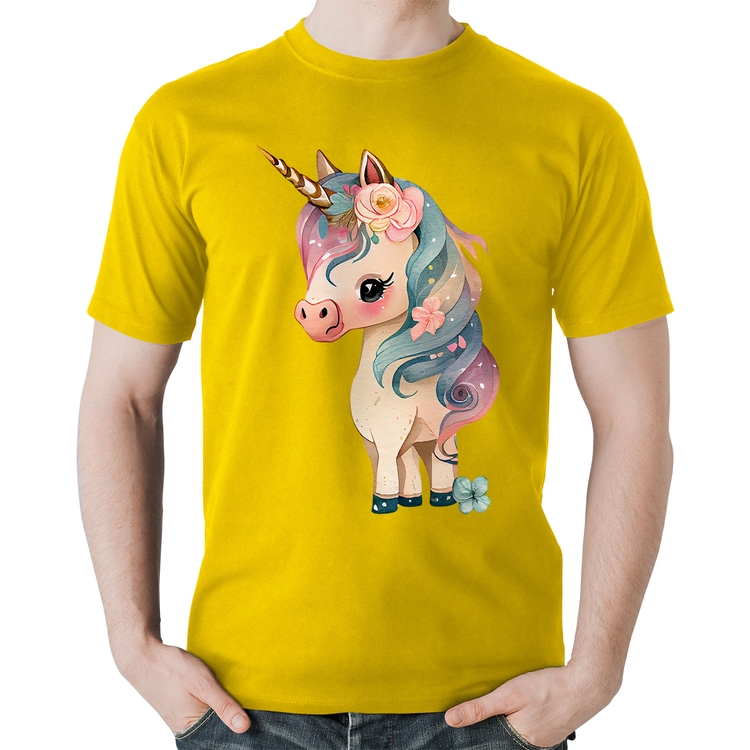 Camiseta Algodão Unicórnio e Flores - Amarela