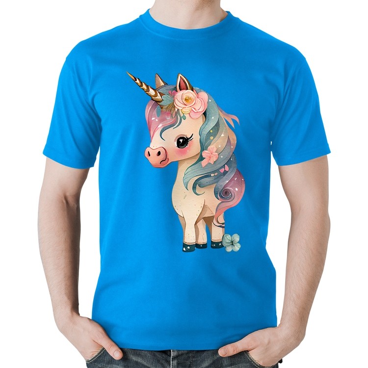Camiseta Algodão Unicórnio e Flores - Azul