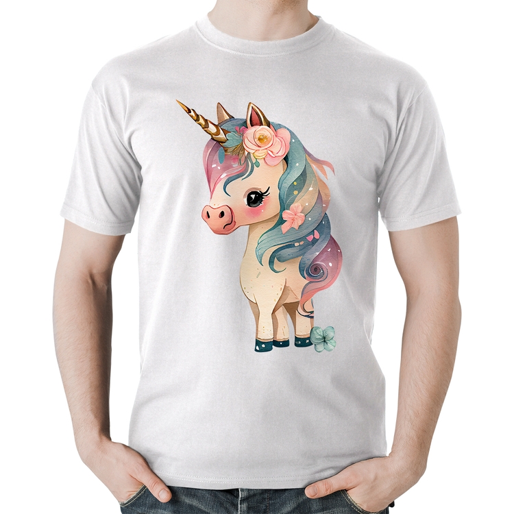 Camiseta Algodão Unicórnio e Flores - Branca
