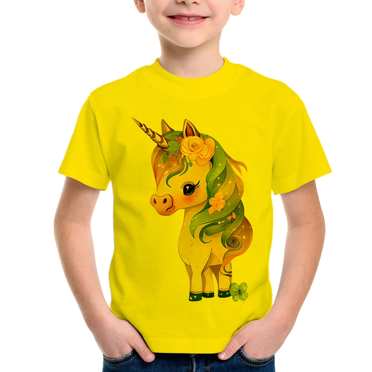 Camiseta Infantil Unicórnio e Flores - Amarela