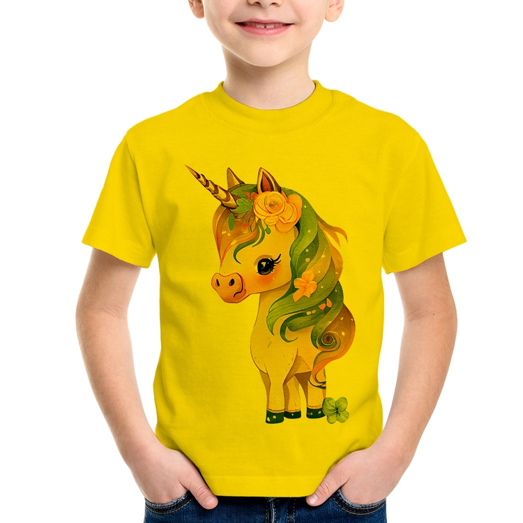 Camiseta Infantil Unicórnio e Flores - Amarela