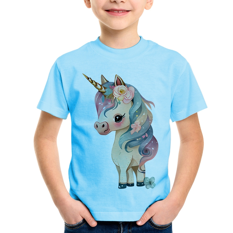 Camiseta Infantil Unicórnio e Flores - Azul Bebê