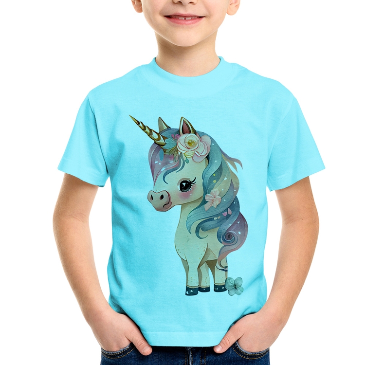 Camiseta Infantil Unicórnio e Flores - Azul Claro