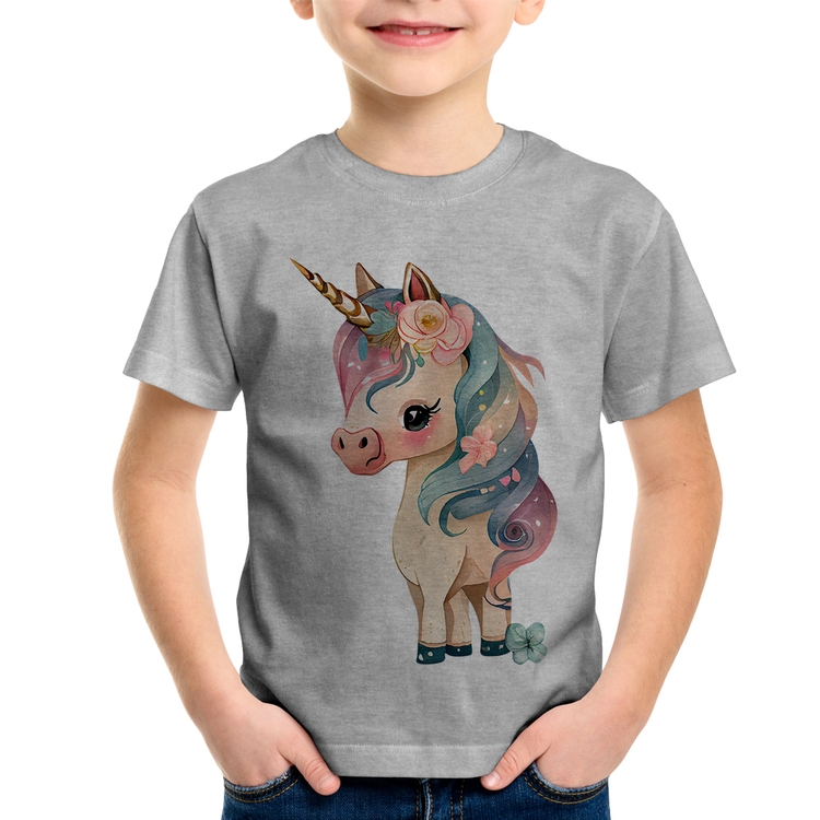 Camiseta Infantil Unicórnio e Flores - Cinza