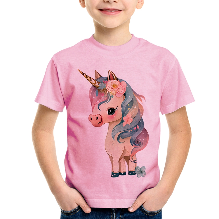Camiseta Infantil Unicórnio e Flores - Rosa Bebê