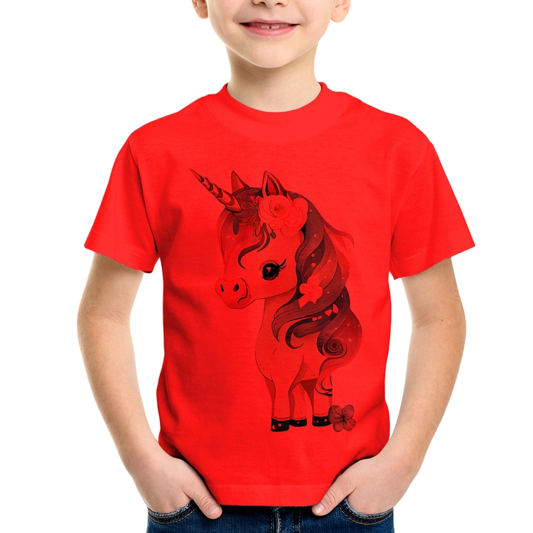 Camiseta Infantil Unicórnio e Flores - Vermelha