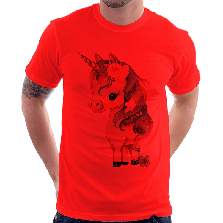 Camiseta Unicórnio e Flores - Vermelha