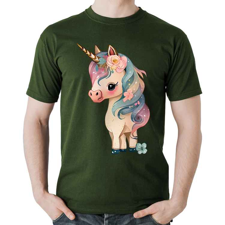 Camiseta Algodão Unicórnio e Flores - Musgo