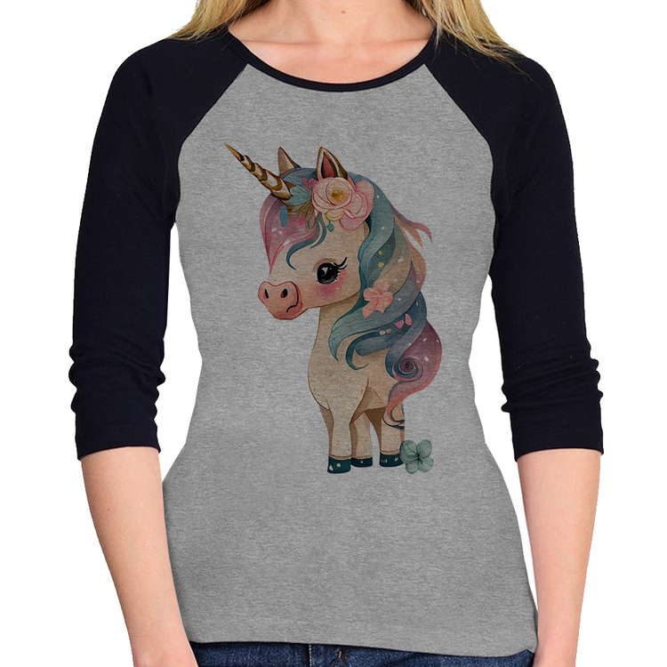 Baby Look Raglan Unicórnio e Flores Manga 3/4 - Cinza/Preto