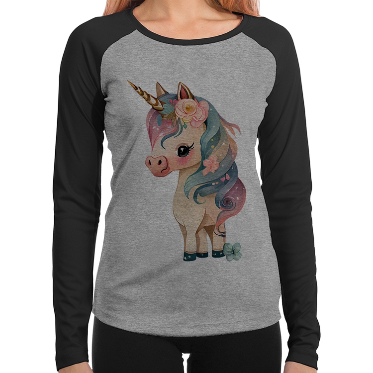 Baby Look Raglan Unicórnio e Flores Manga Longa - Cinza/Preto