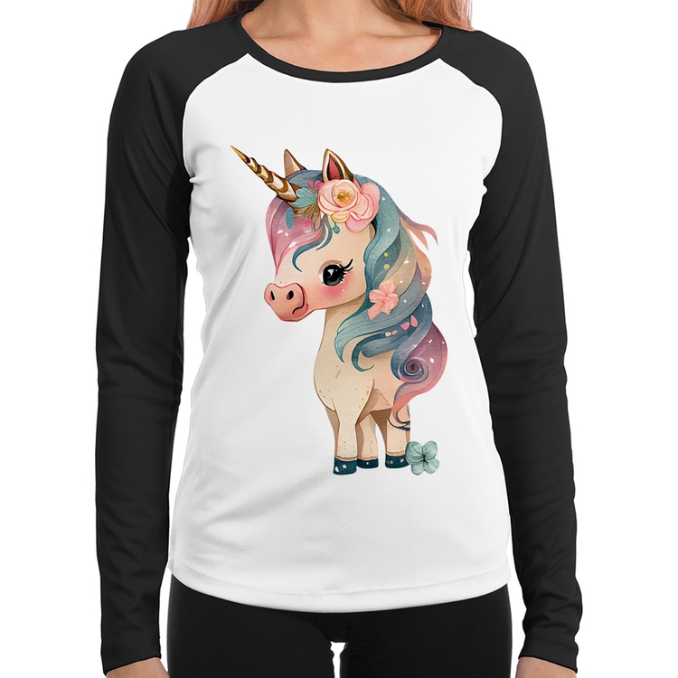 Baby Look Raglan Unicórnio e Flores Manga Longa
