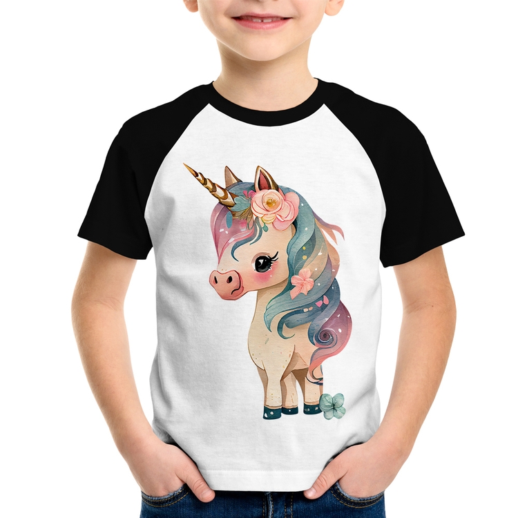 Camiseta Raglan Infantil Unicórnio e Flores