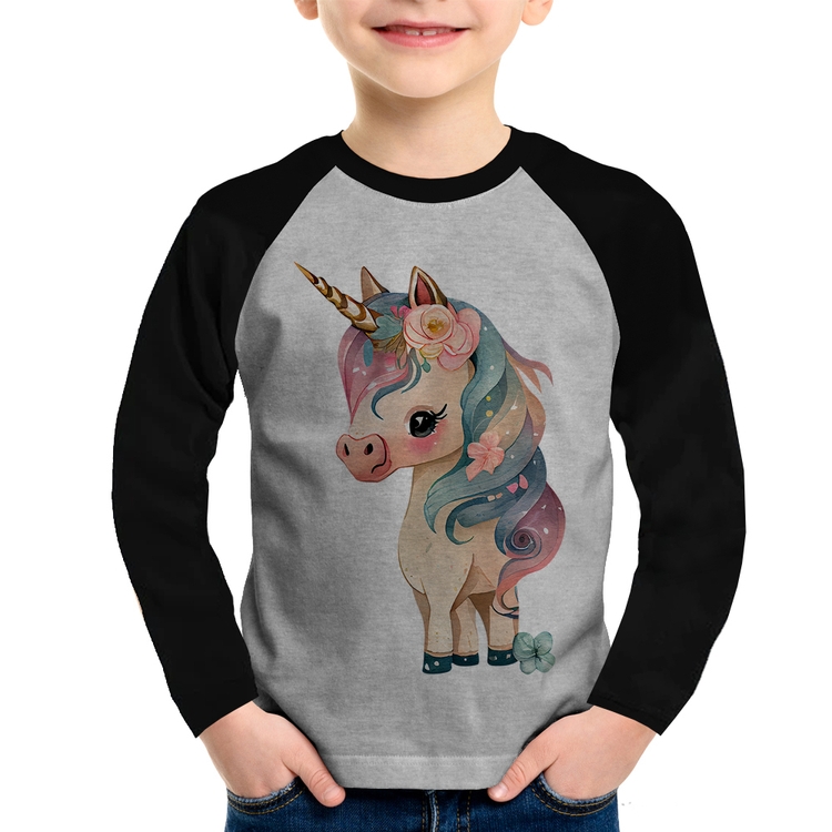 Camiseta Raglan Infantil Unicórnio e Flores Manga Longa - Cinza/Preto