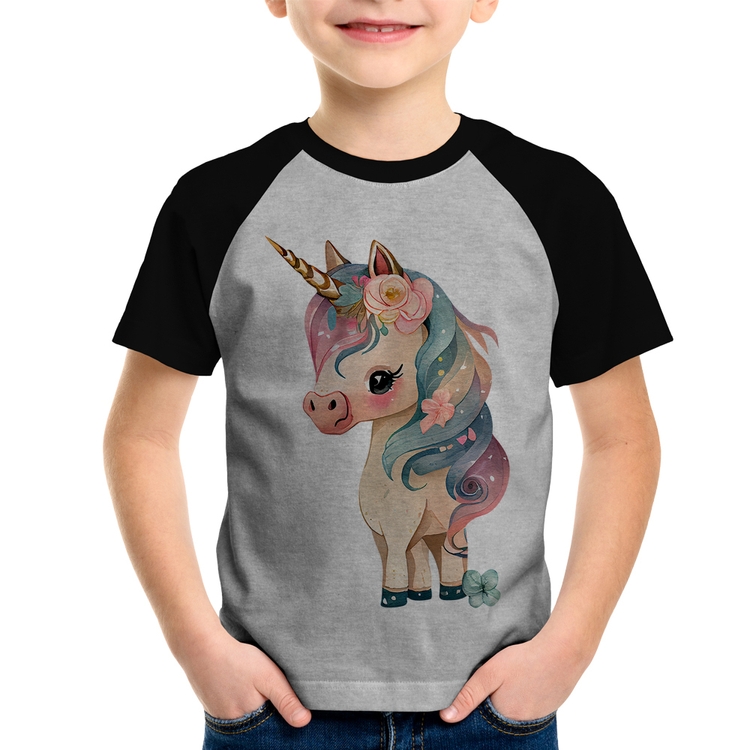 Camiseta Raglan Infantil Unicórnio e Flores - Cinza/Preto