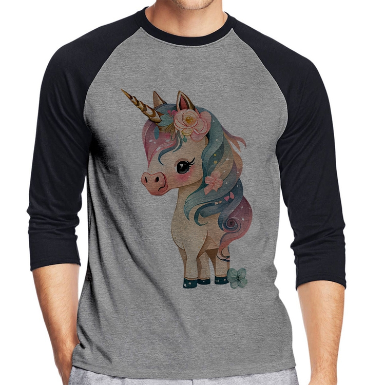 Camiseta Raglan Unicórnio e Flores Manga 3/4 - Cinza/Preto