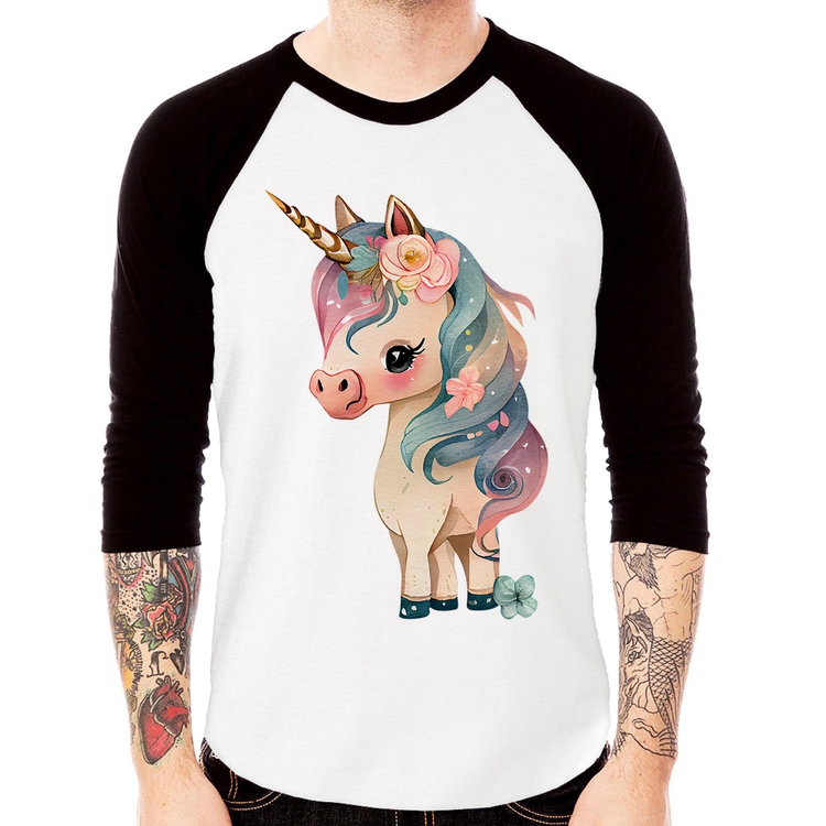 Camiseta Raglan Unicórnio e Flores Manga 3/4
