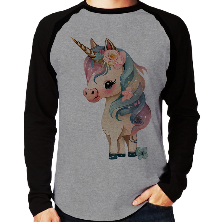 Camiseta Raglan Unicórnio e Flores Manga Longa - Cinza/Preto