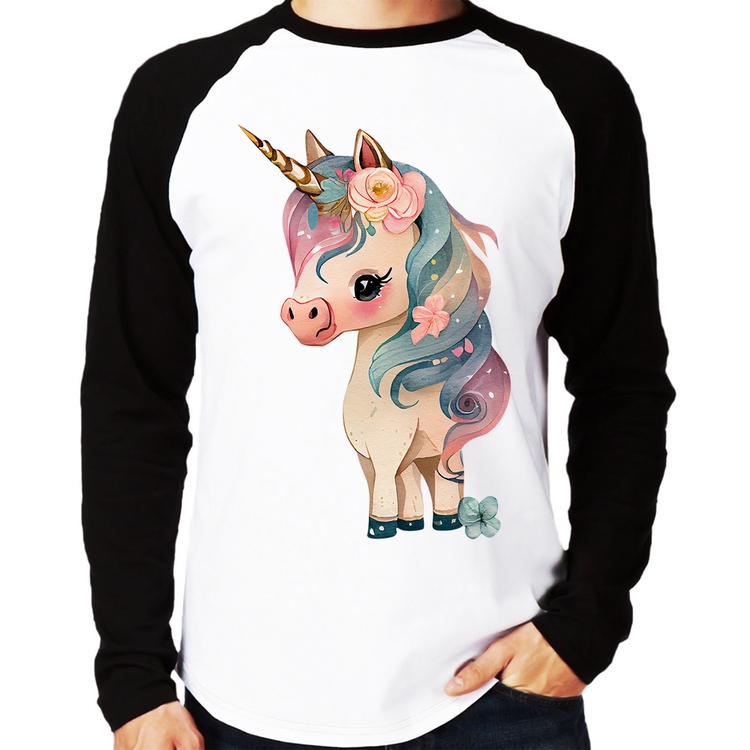 Camiseta Raglan Unicórnio e Flores Manga Longa