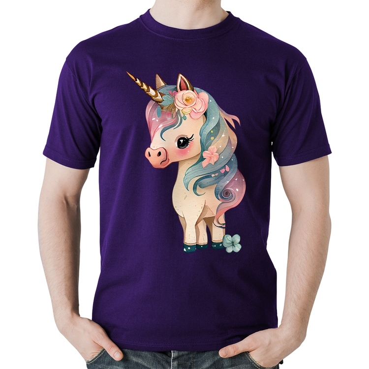 Camiseta Algodão Unicórnio e Flores - Roxa