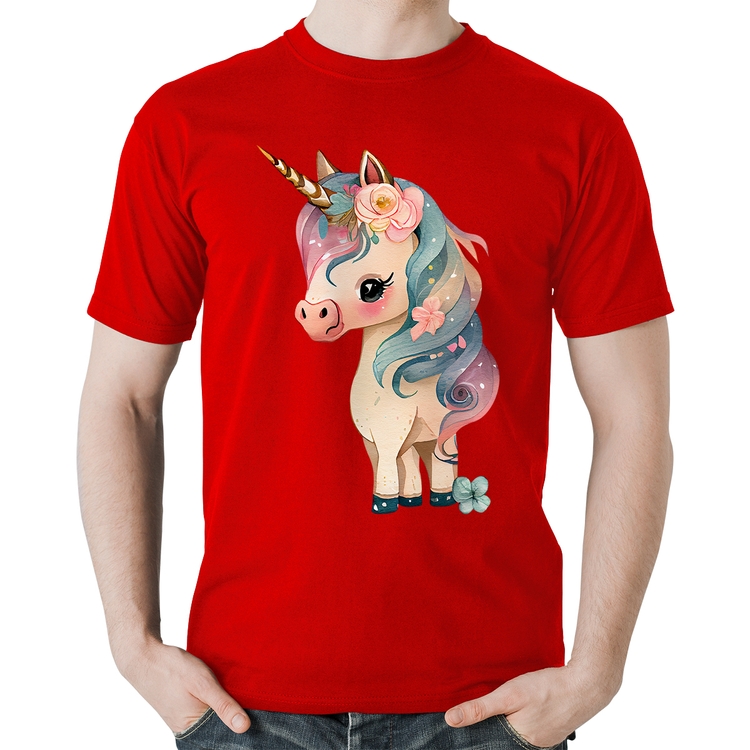 Camiseta Algodão Unicórnio e Flores - Vermelha