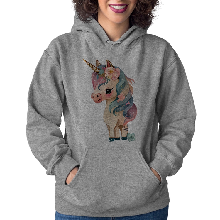Moletom Feminino Unicórnio e Flores - Cinza