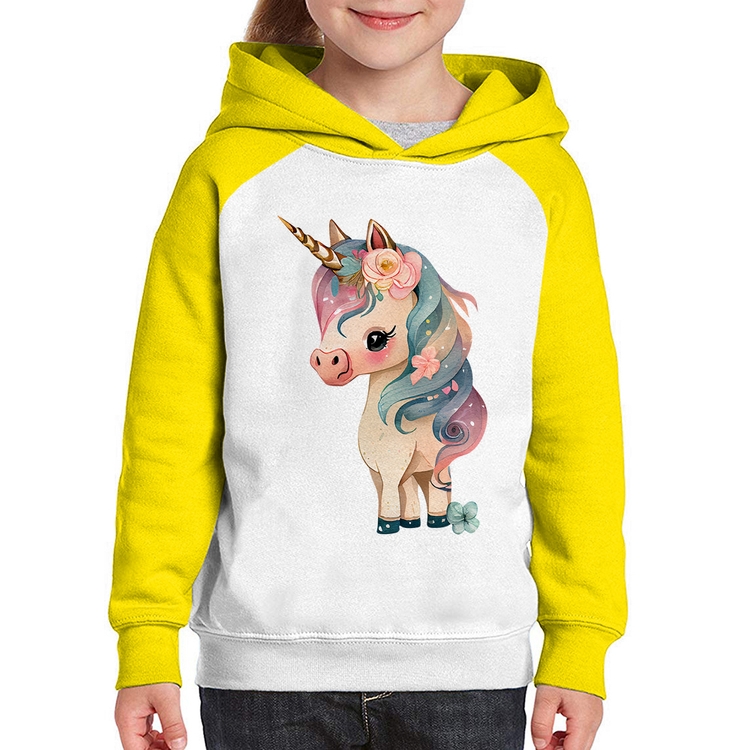 Moletom Infantil Unicórnio e Flores - Branco/Amarelo
