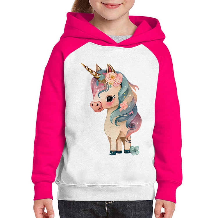 Moletom Infantil Unicórnio e Flores - Branco/Rosa