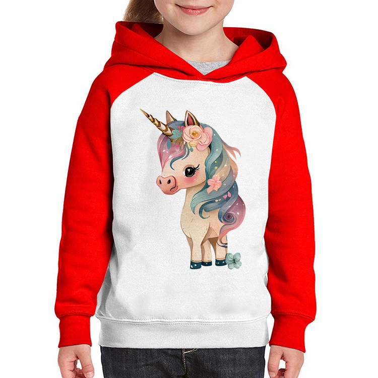 Moletom Infantil Unicórnio e Flores - Branco/Vermelho
