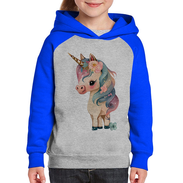 Moletom Infantil Unicórnio e Flores - Cinza/Azul