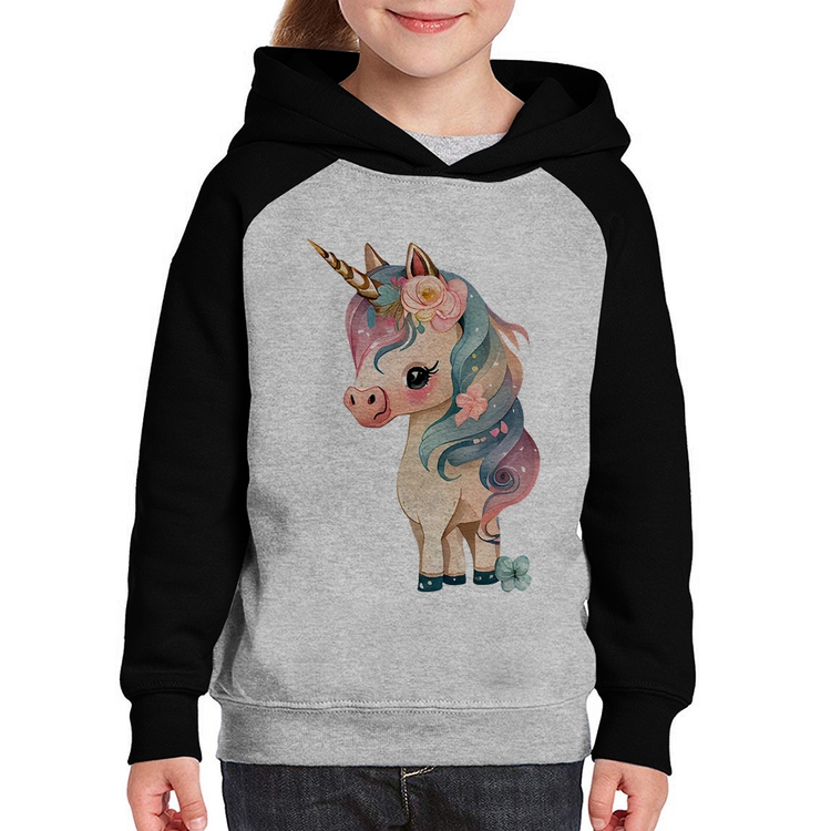 Moletom Infantil Unicórnio e Flores - Cinza/Preto