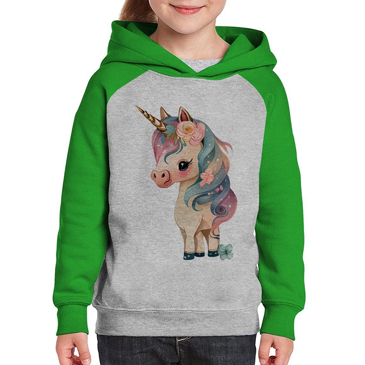 Moletom Infantil Unicórnio e Flores - Cinza/Verde
