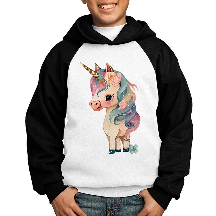 Moletom Infantil Unicórnio e Flores - Branco/Preto