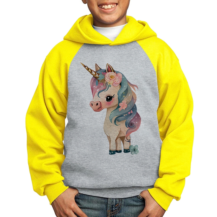 Moletom Infantil Unicórnio e Flores - Cinza/Amarelo