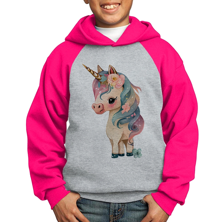 Moletom Infantil Unicórnio e Flores - Cinza/Rosa