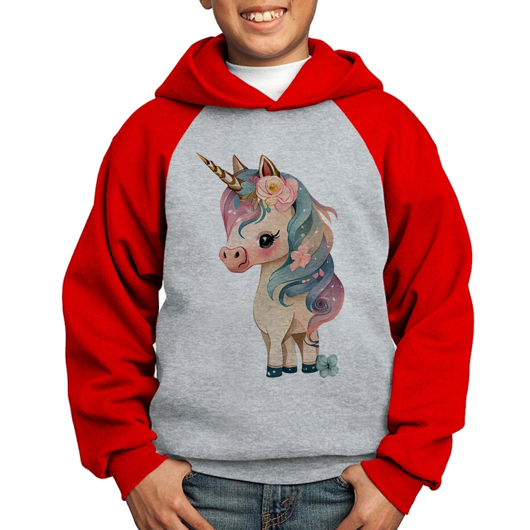 Moletom Infantil Unicórnio e Flores - Cinza/Vermelho
