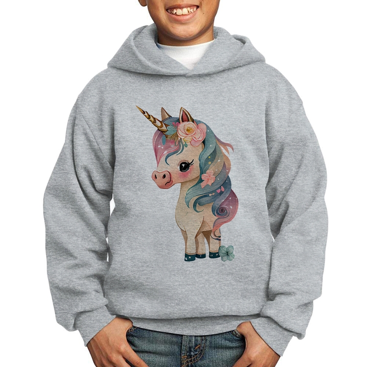 Moletom Infantil Unicórnio e Flores - Cinza