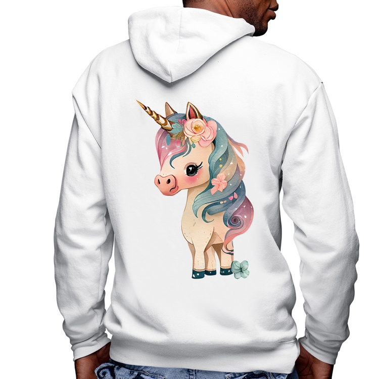 Blusa Moletom Unicórnio e Flores Masculina com Capuz e Zíper - Branca