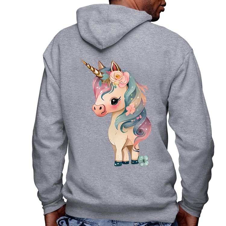 Blusa Moletom Unicórnio e Flores Masculina com Capuz e Zíper - Mescla